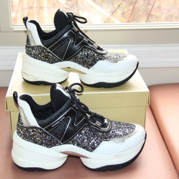 Michael Kors Olympia Trainer Chunky Glitter Black Silver Sneaker Women 11 M - Picture 5 of 8